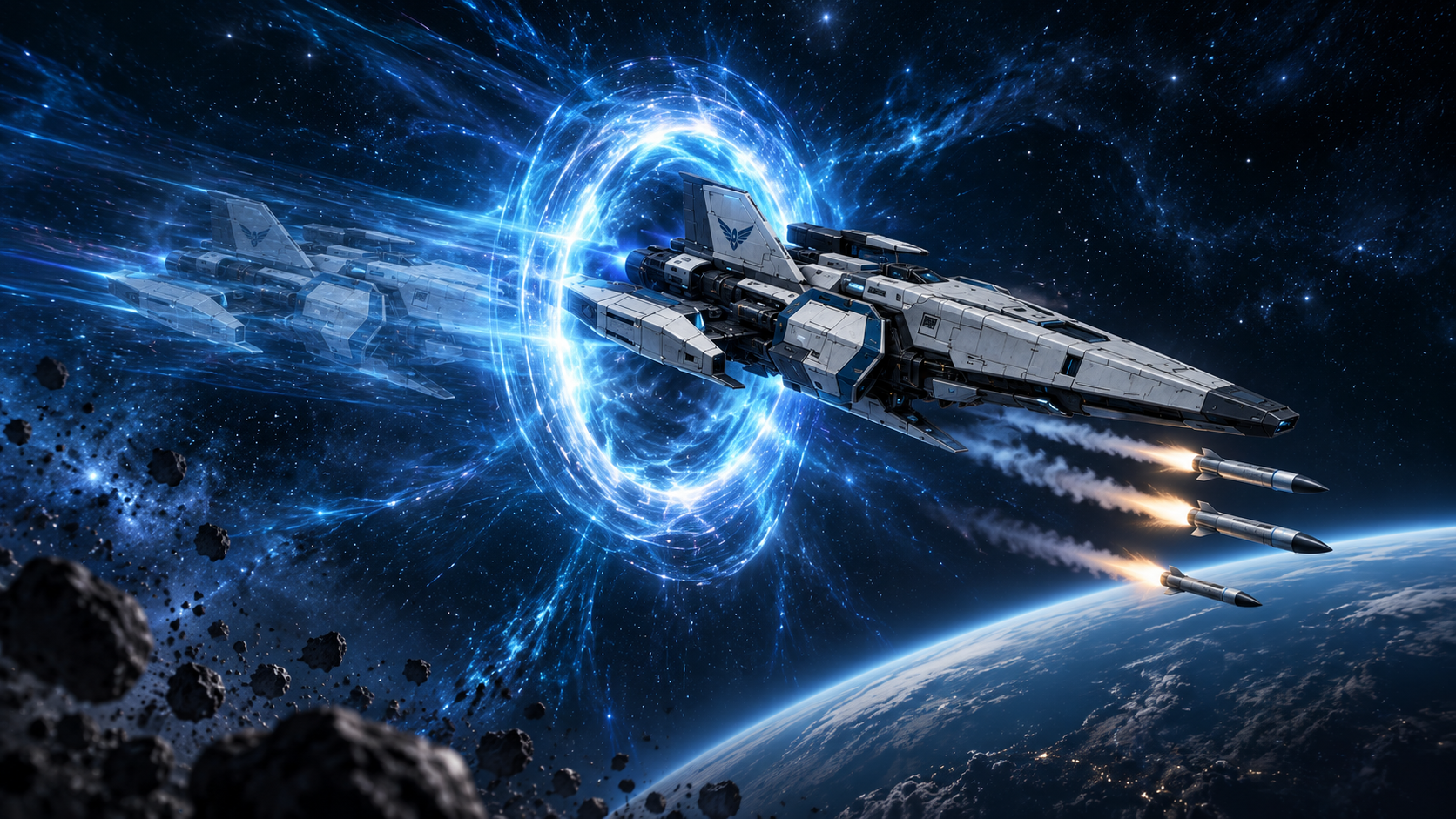A warship shifting position through a controlled spatial breach
