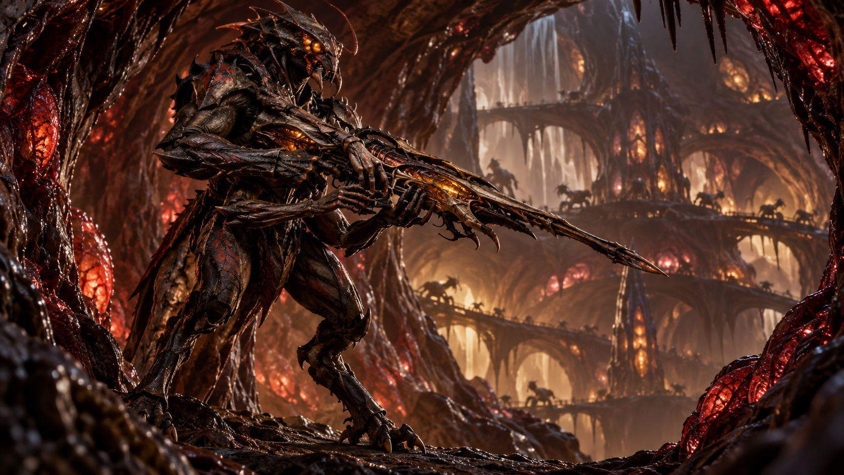 A Vek'Thar Kharaxi Brood Hunter inside a living hive