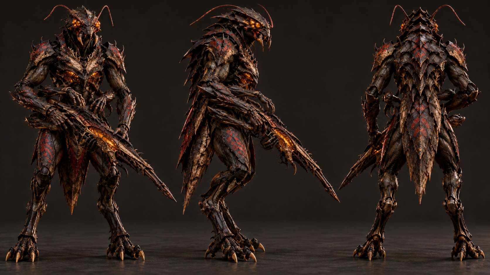 Front, side, and back reference views of a Brood Hunter