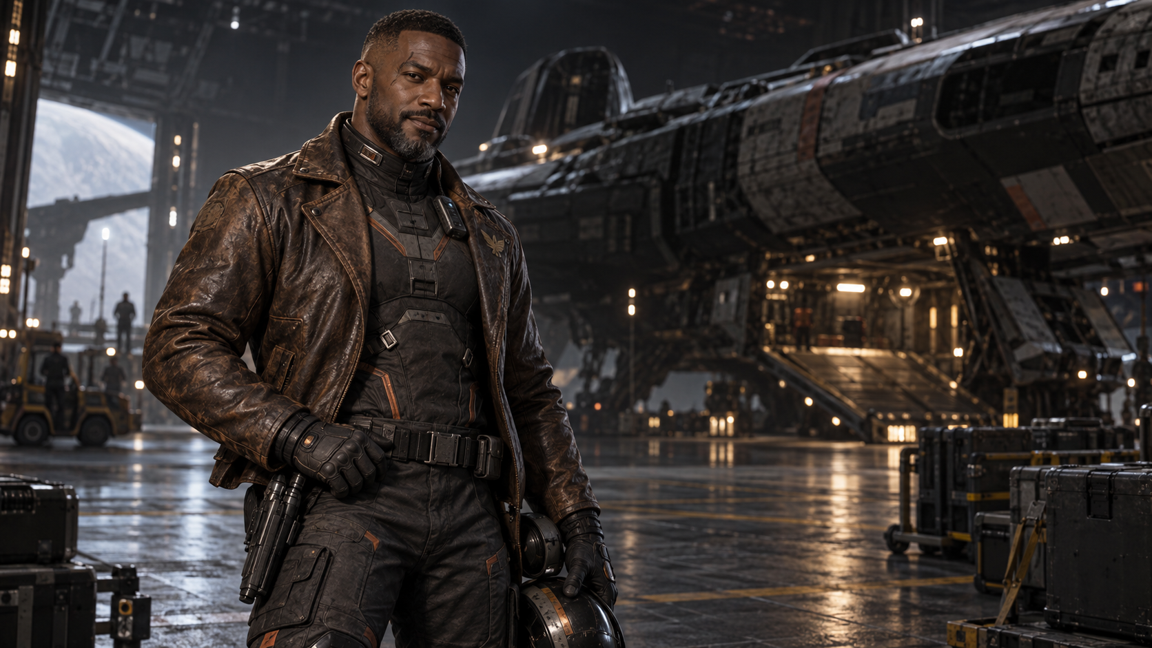 Captain Carter in his weathered flight suit and leather captain's jacket