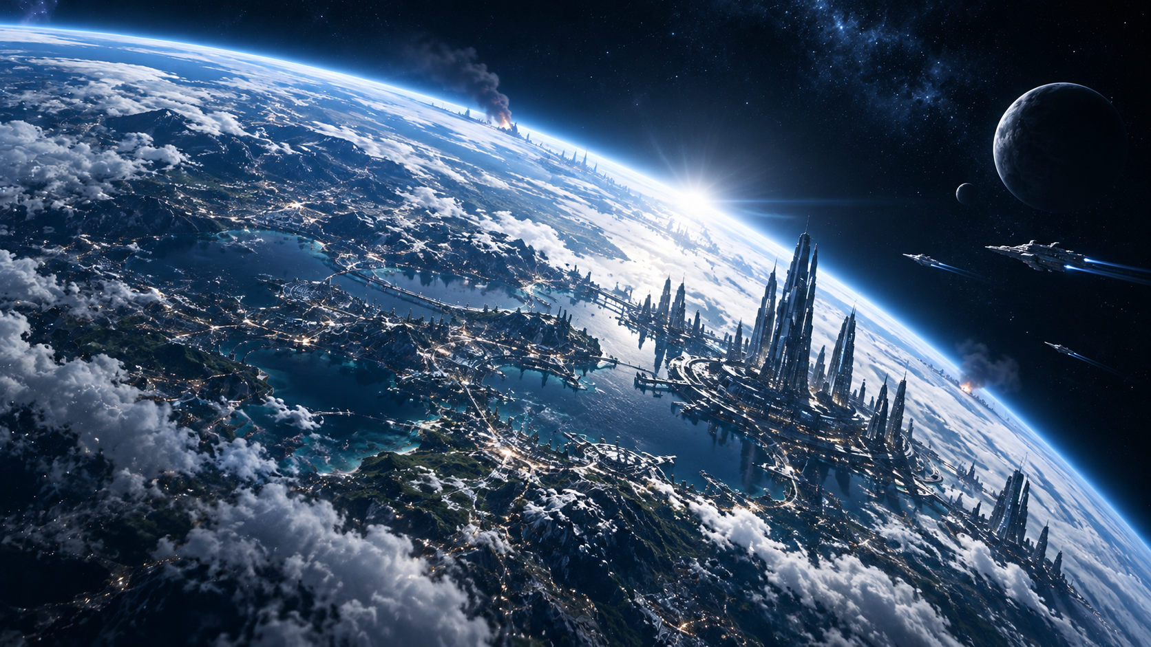 Earth 3 beneath its illuminated atmosphere