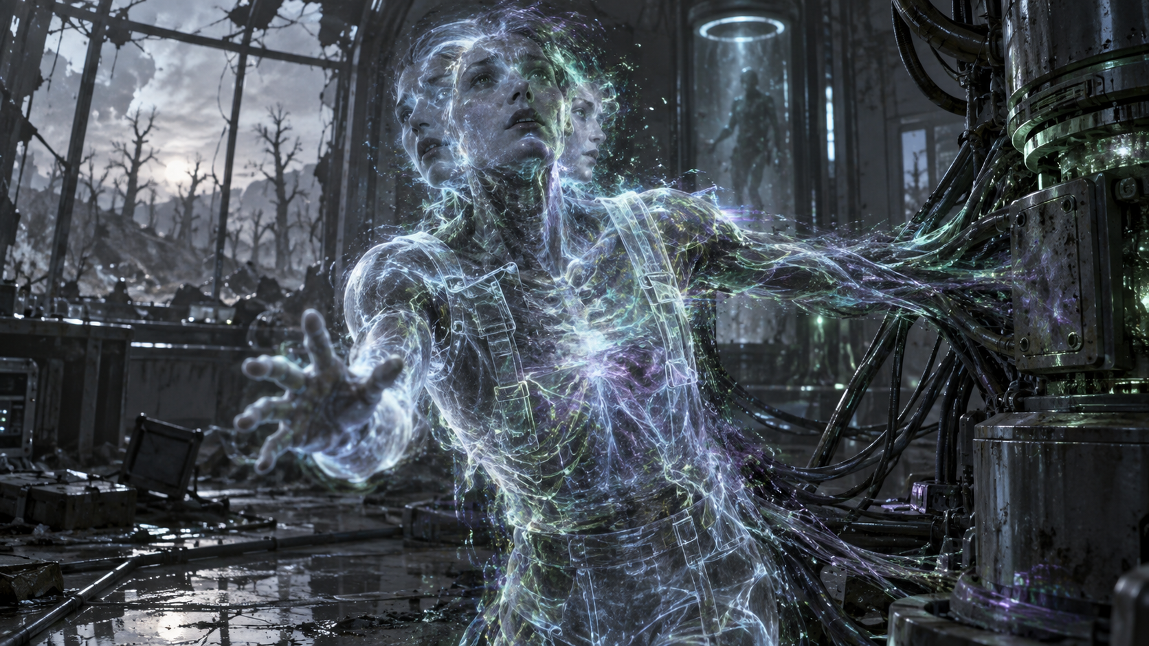 A fragmented Veridian consciousness bound into ruined machinery