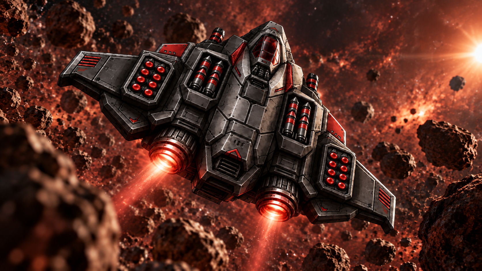 Ironbound crossing a rust-red asteroid belt from a low rear angle