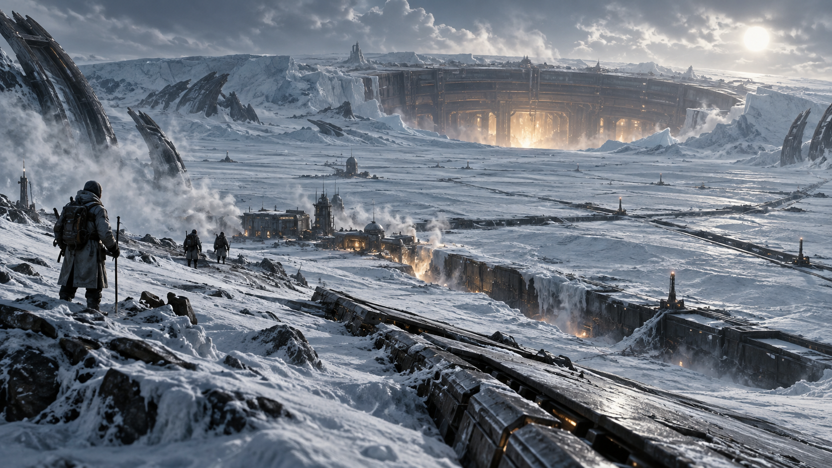 Iskari settlements and a planetary access iris beneath the frozen surface