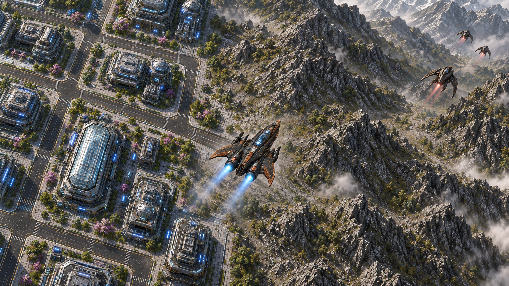 The S.S. Freedom pursuing the invasion from Earth 3's capital into the mountain relays