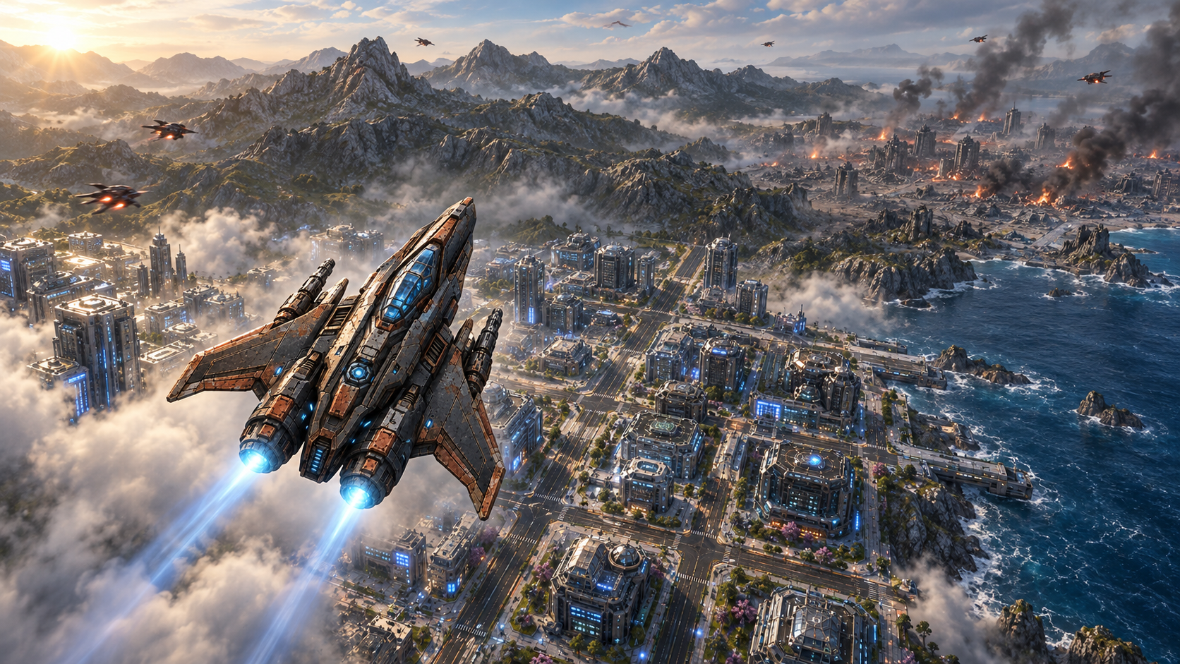 The S.S. Freedom defending Earth 3 across its city, mountains, ocean, and ruined frontier