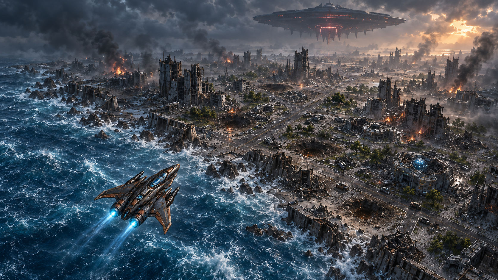 The S.S. Freedom approaching Earth 3's devastated coastal settlements and enemy mothership