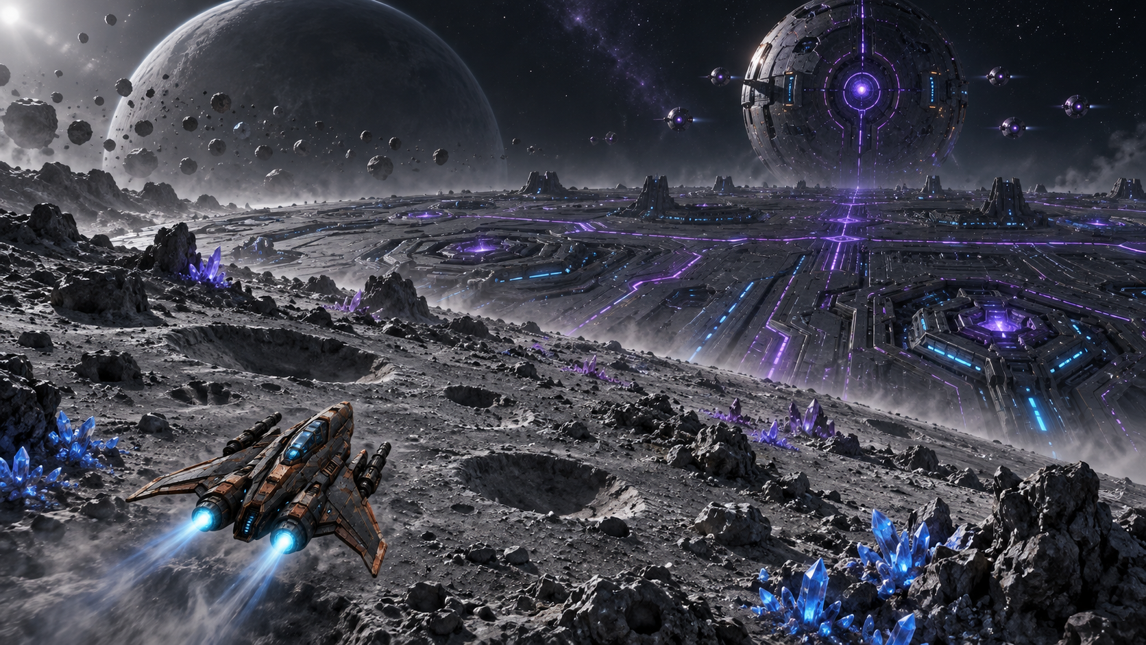 The S.S. Freedom flying from the Lunar Crater Field toward the Alien City Approach