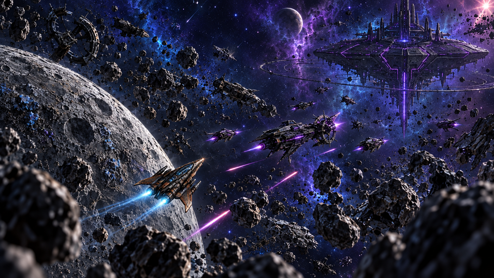 The S.S. Freedom crossing Moon 2's asteroid battlefield toward an alien orbital platform