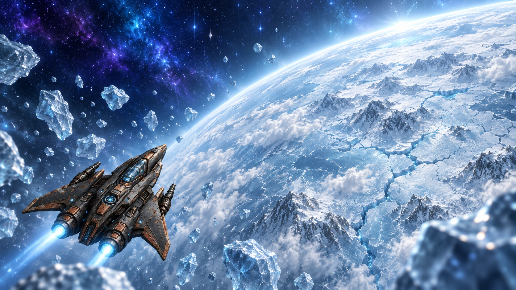 The S.S. Freedom approaching the frozen exterior of the Machine Core