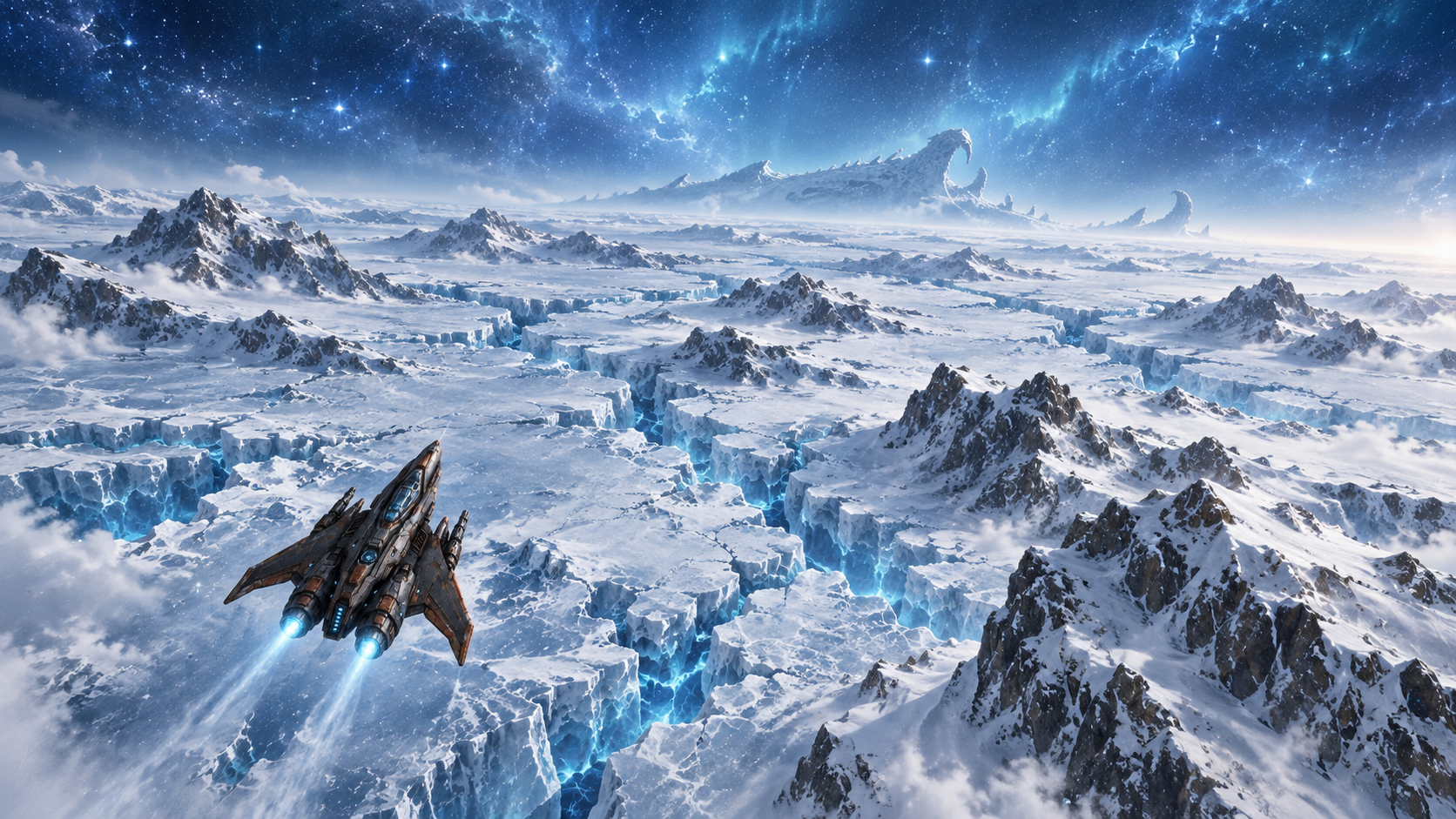 The S.S. Freedom descending over the Machine Core's cracked snowy terrain