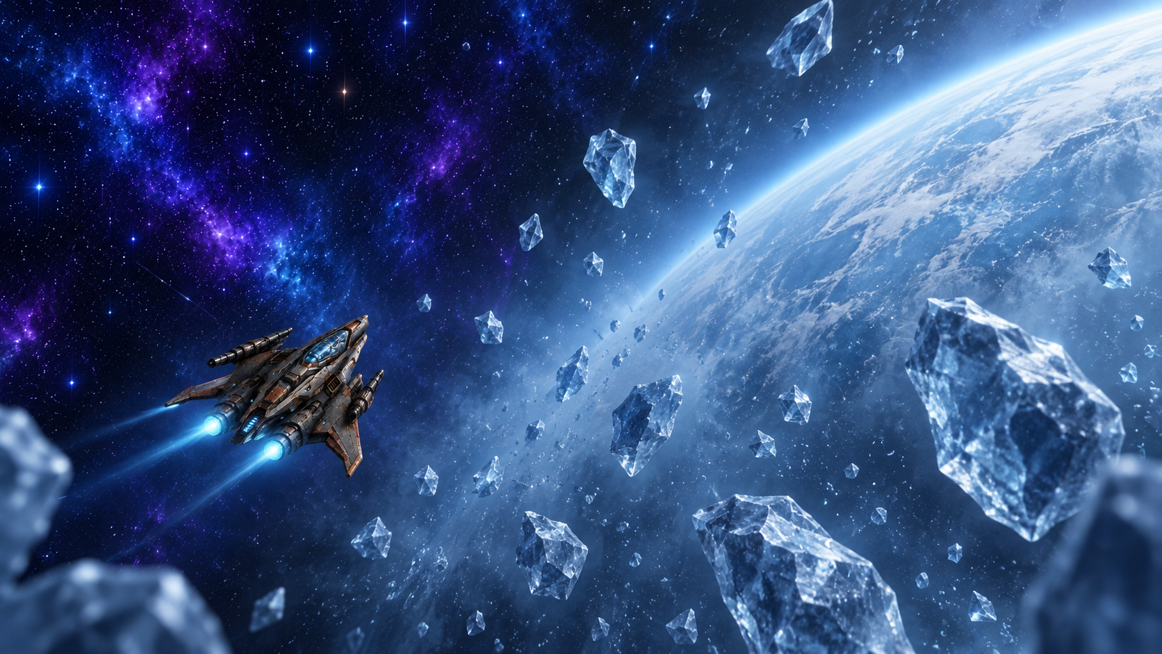 The S.S. Freedom crossing deep space and the ice-filled sky above the frozen planet