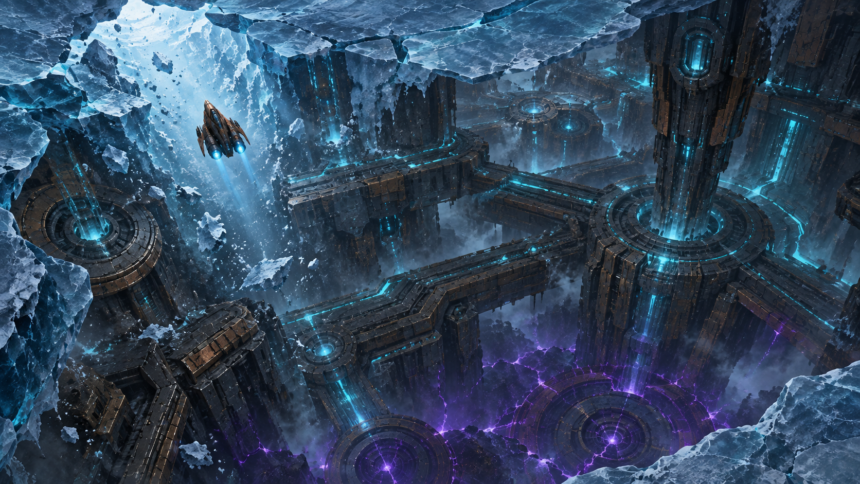 The S.S. Freedom descending from the ice into the planet-sized Machine Core