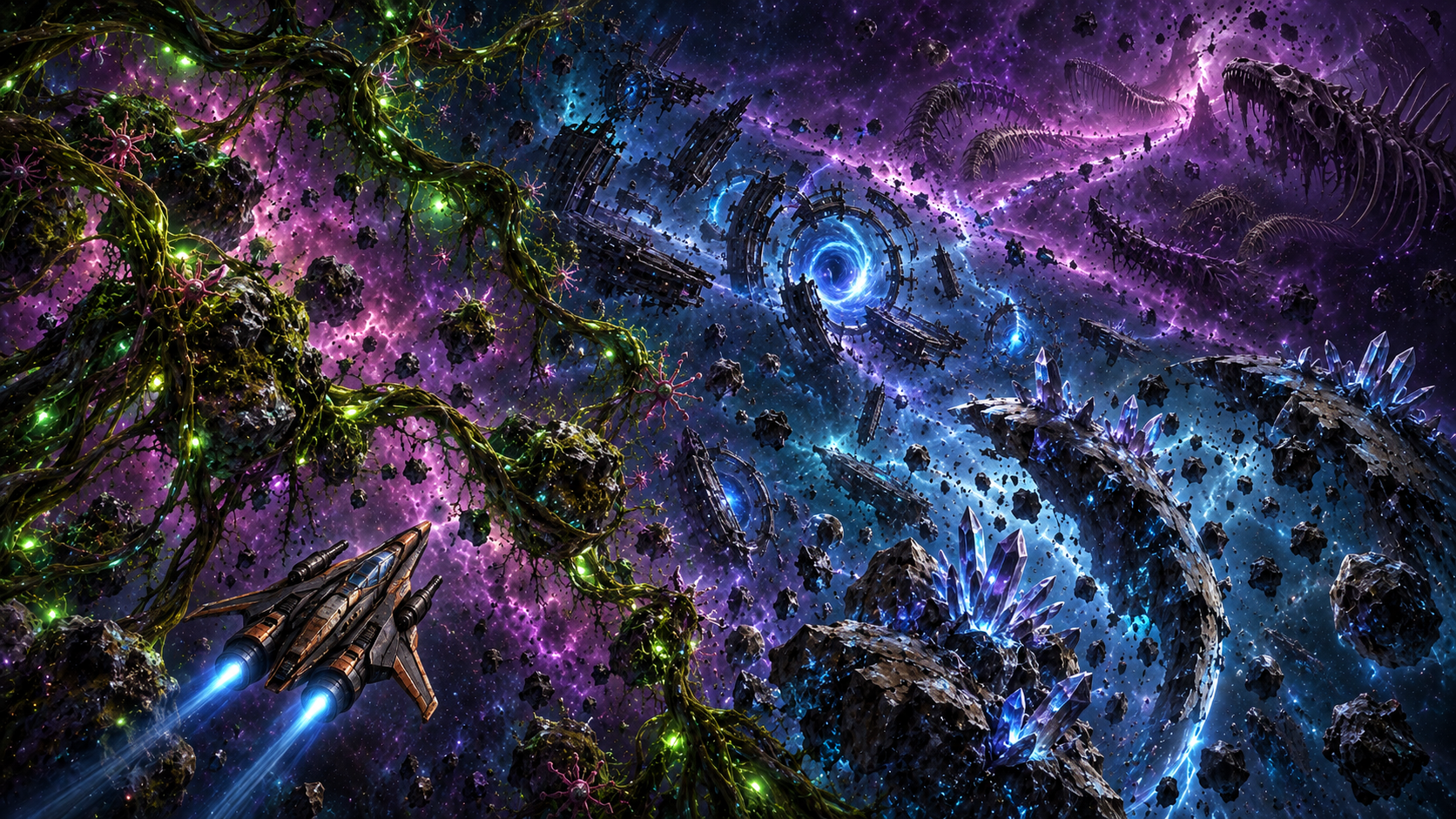 The S.S. Freedom crossing living roots, wormholes, gravity reefs, and leviathan remains inside the fracture