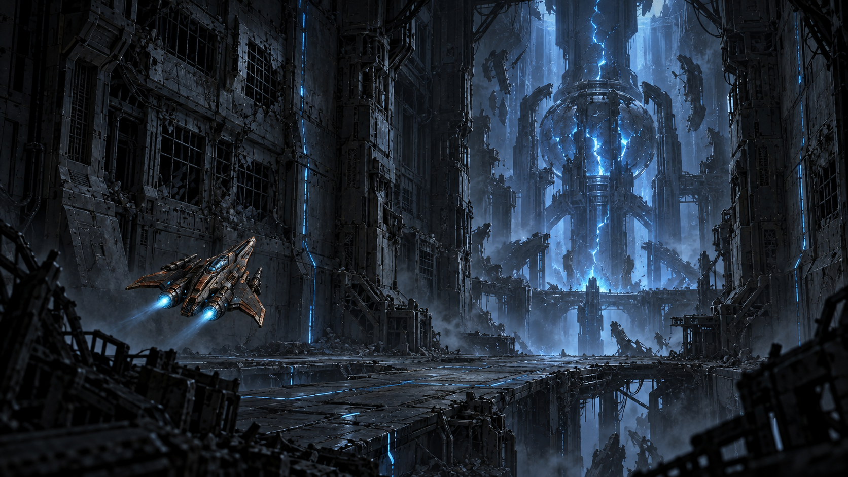 The S.S. Freedom inside Orpheon's Containment Sector near the blue-lit Core Vault