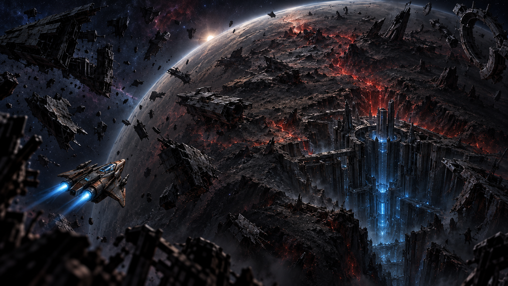 The S.S. Freedom approaching dead Veridian through its silent armada and ruined compound