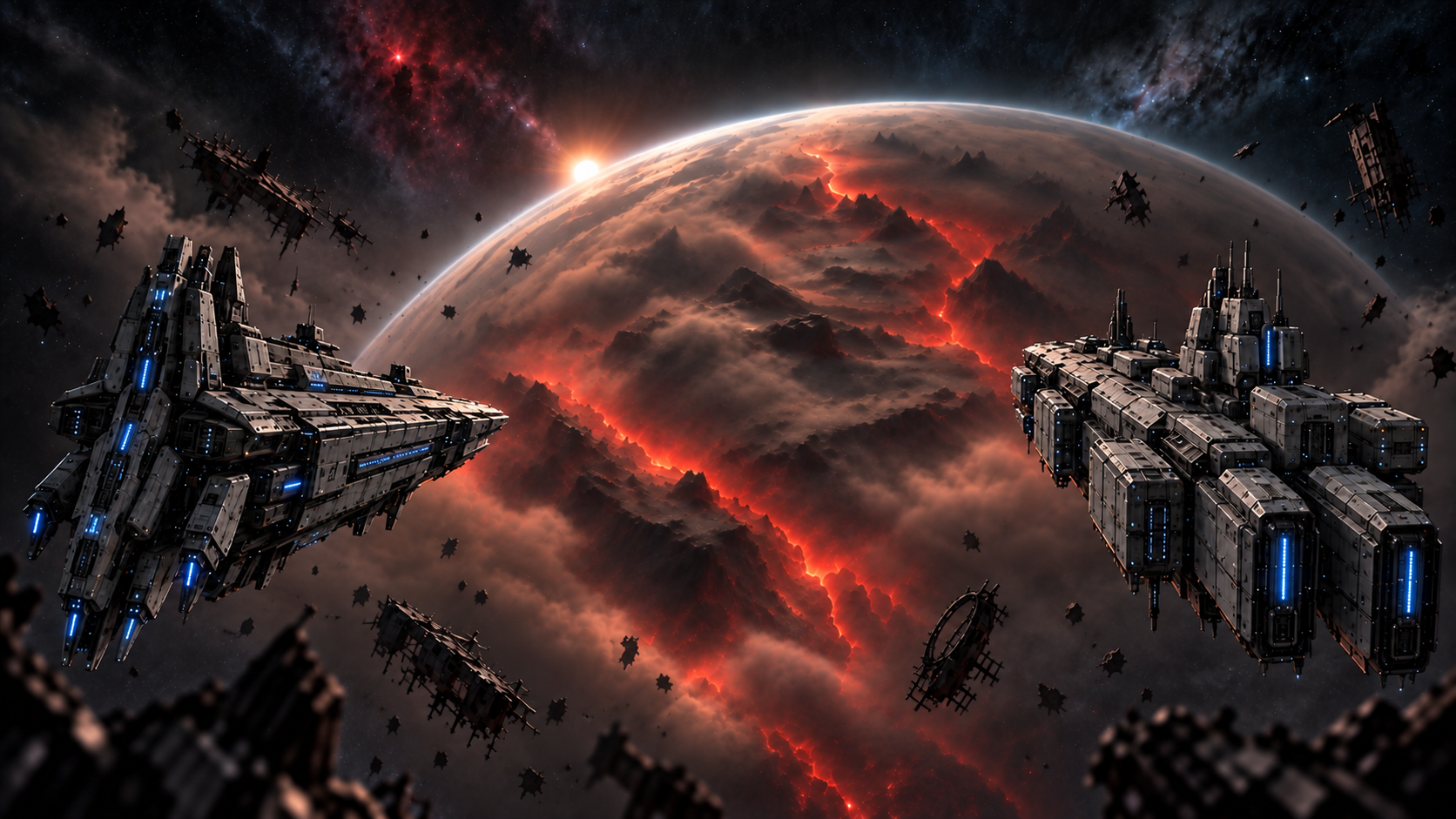 Earth 3 Reaper and Atlas capital ships entering Veridian orbit through ash and shattered orbital wreckage