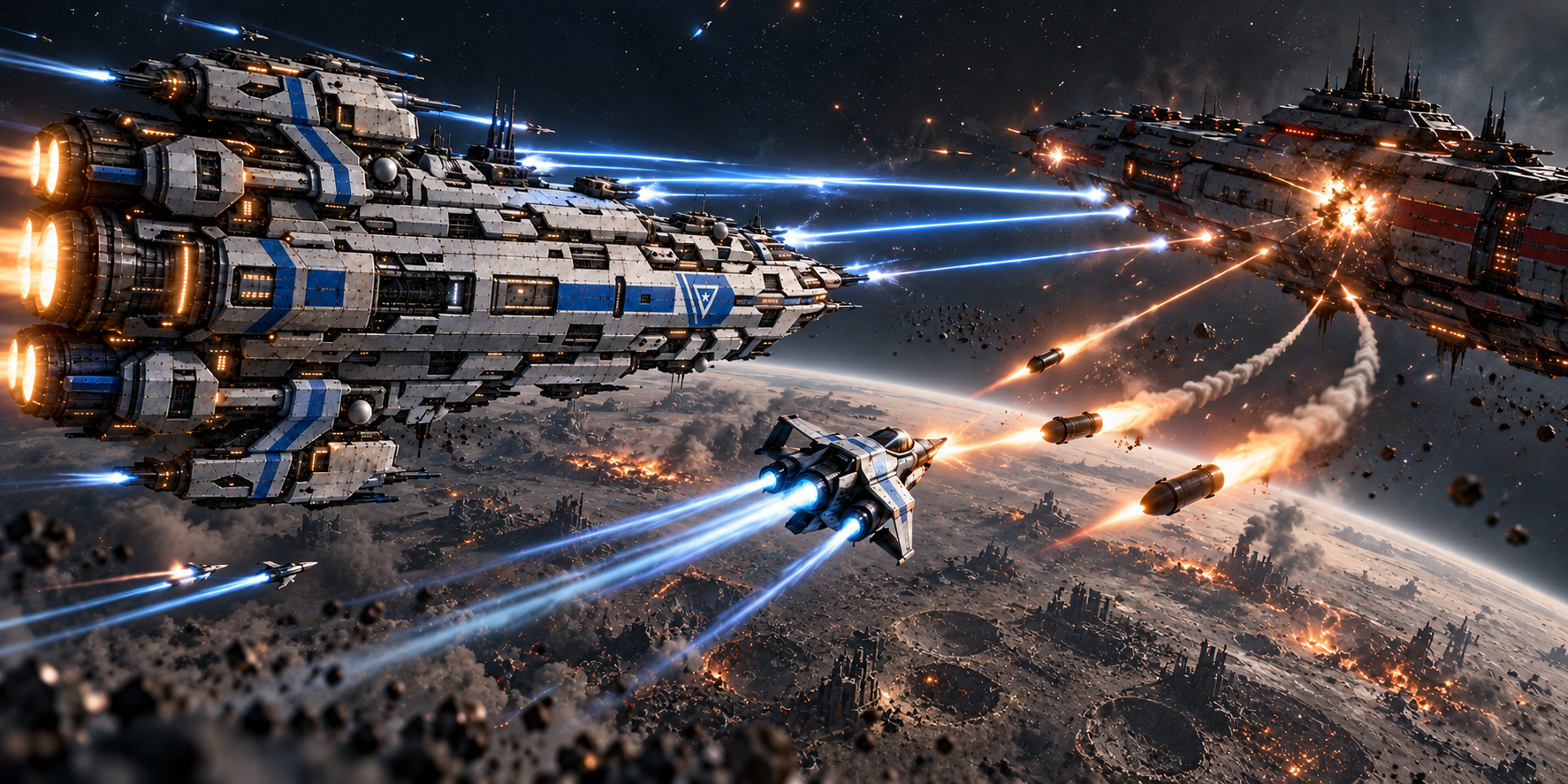 The Reach and an Earth 3 defense cruiser exchanging fire above the devastated world of Veridian