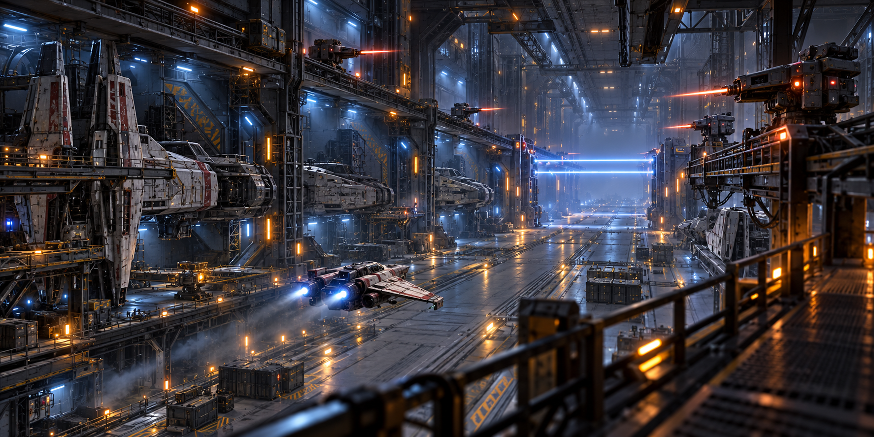 The S.S. Freedom entering the Clairmont's long fortified hangar corridor
