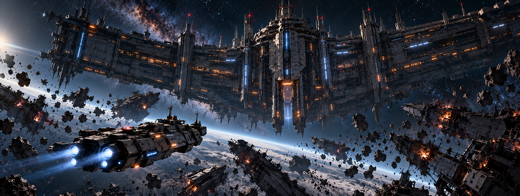 The S.S. Freedom approaching the immense Clairmont through Veridian's orbital wreckage