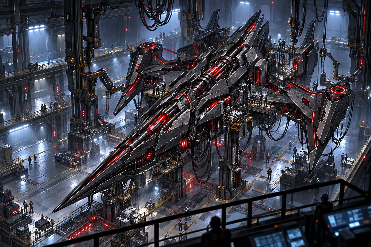 The black-and-red E3-X Wraith suspended in an experimental hangar aboard the Clairmont while engineers work around it