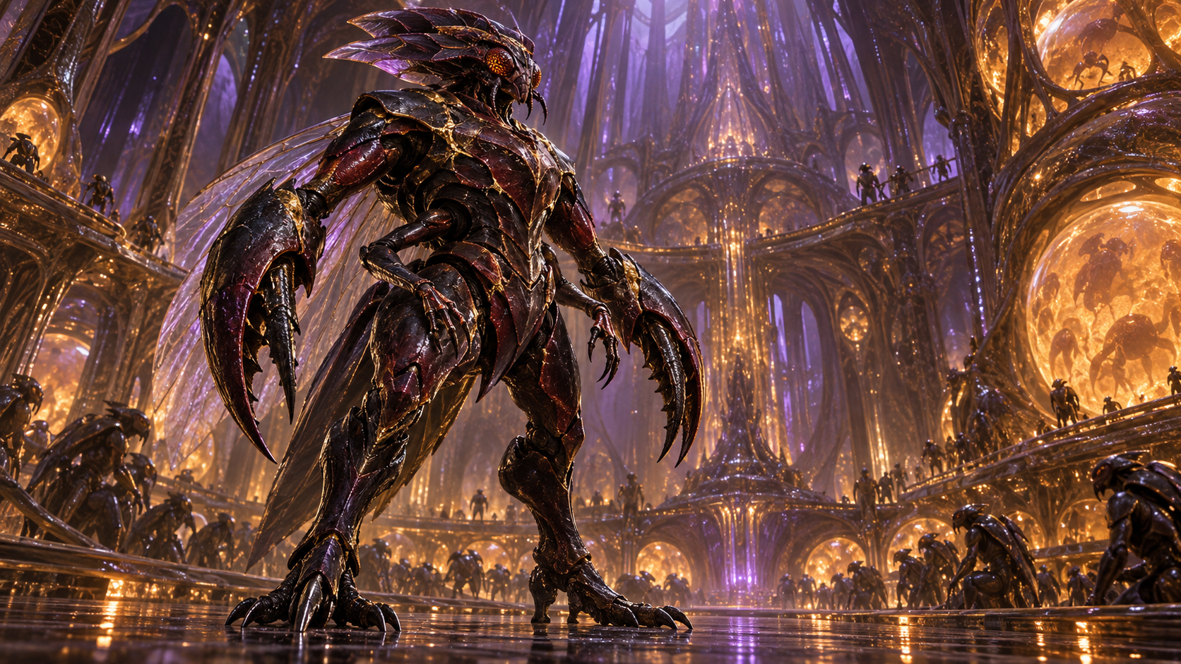 The six-limbed Vek'Thar Matriarch in her organic command chamber