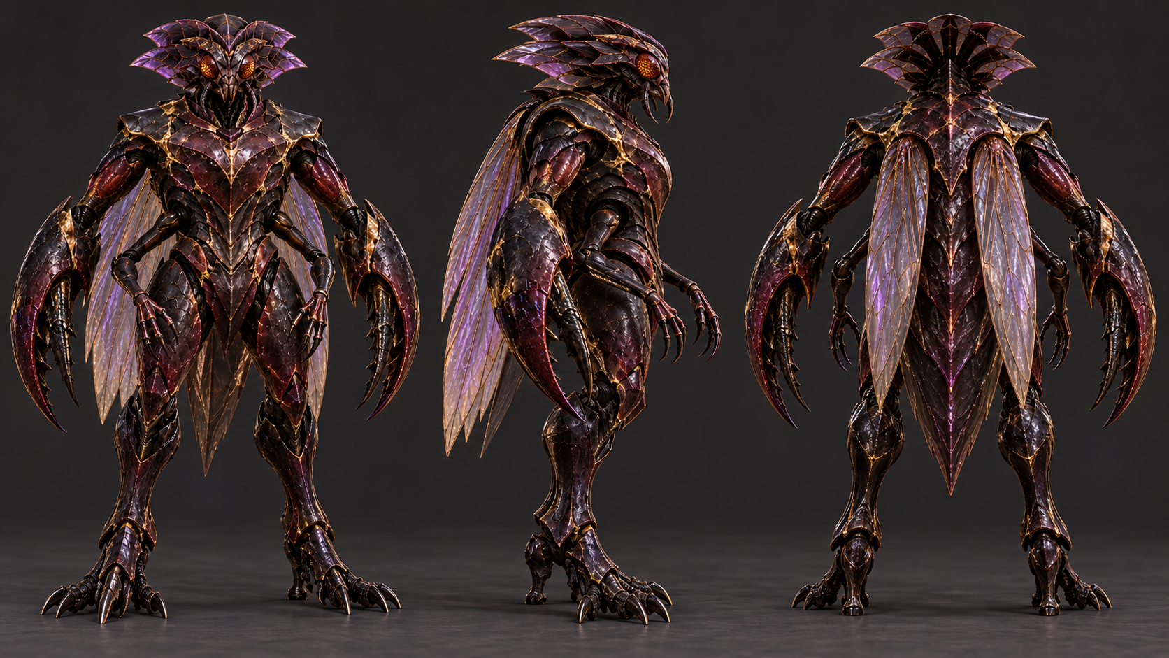 Front, side, and back reference views of the Vek'Thar Matriarch