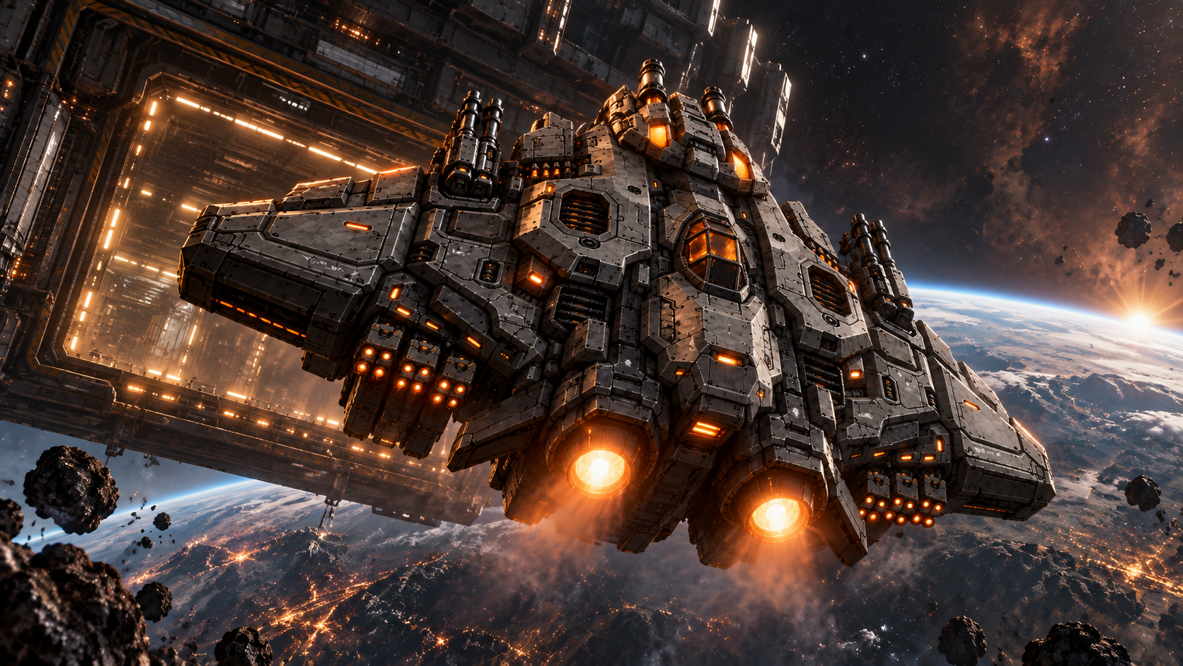 Metal Paradise leaving a fortified hangar from a low rear angle