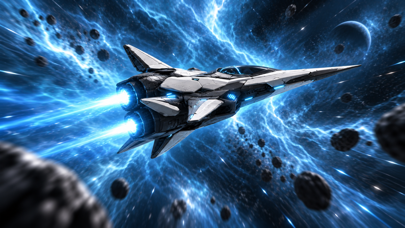 Nebula accelerating through a blue ion storm from the rear