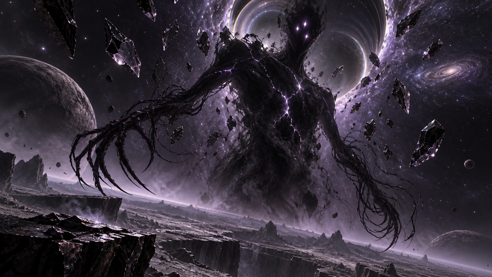A faceless Noctyri emerging through a gravitational fracture