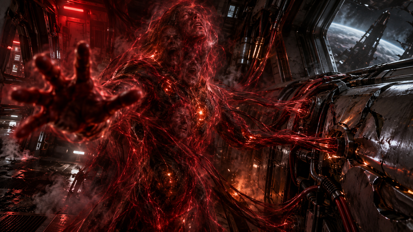 A suffering red possessed soul fused to ship machinery