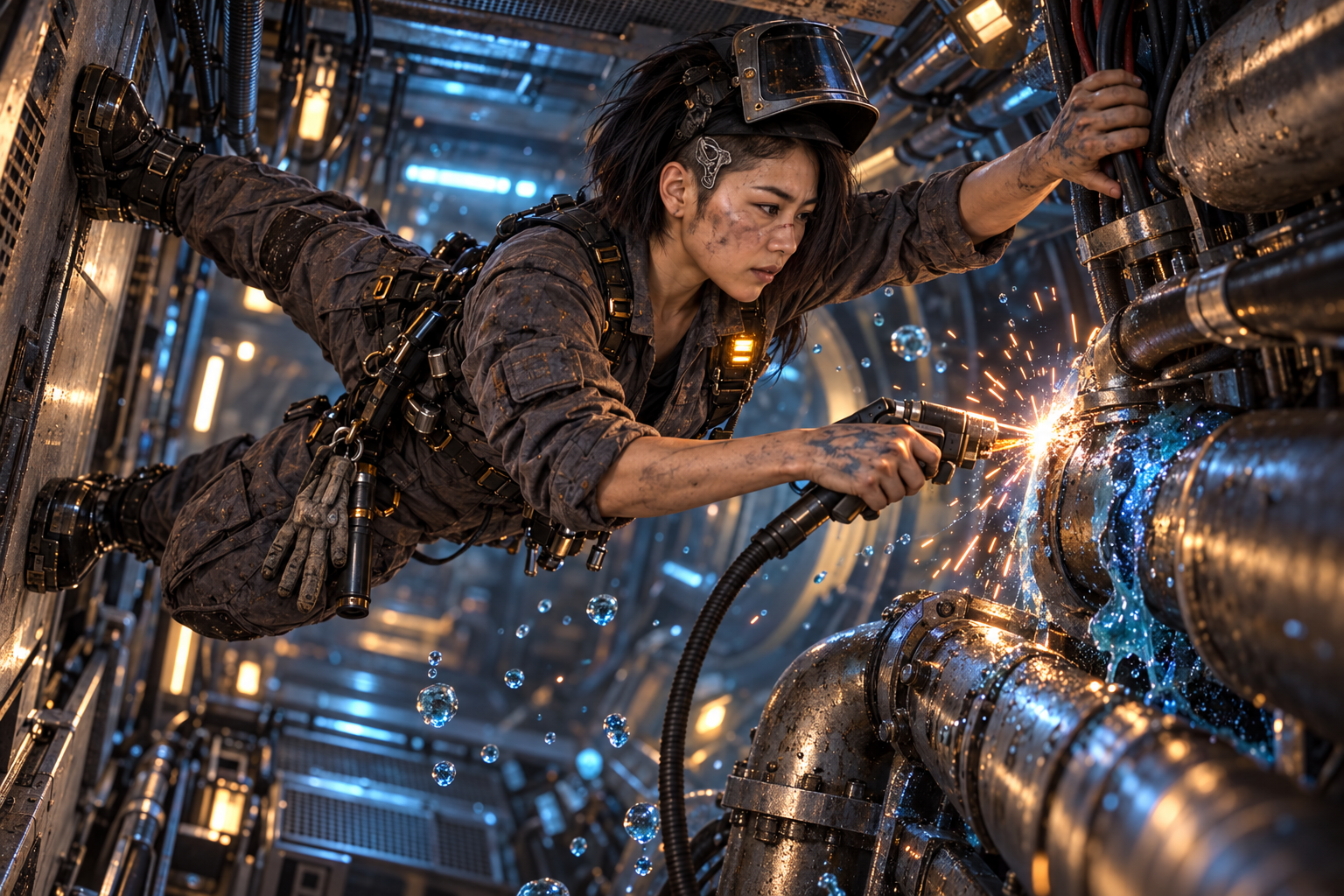 Sparks repairing a coolant rupture in zero gravity