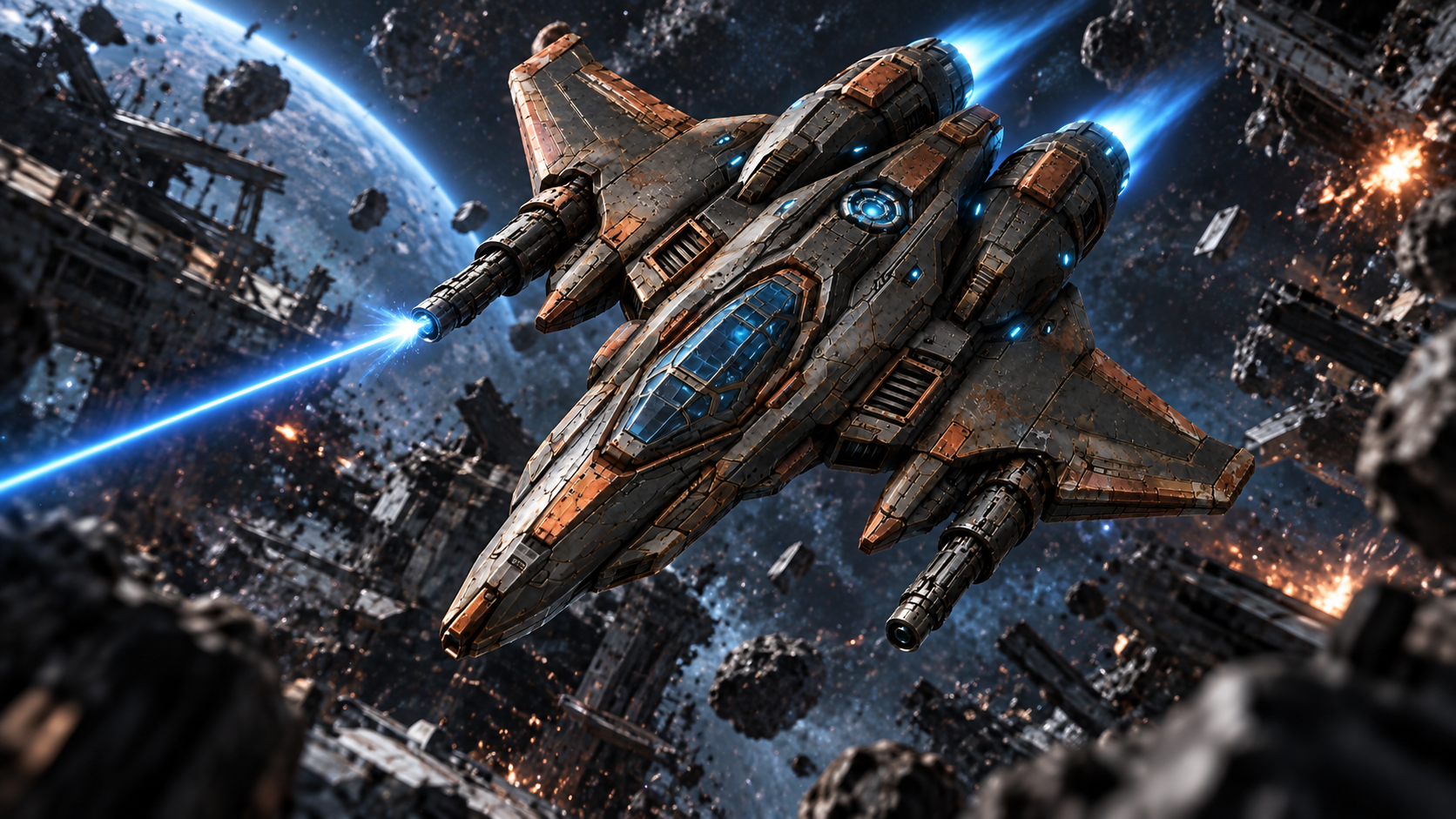 The S.S. Freedom firing through an orbital wreckage field