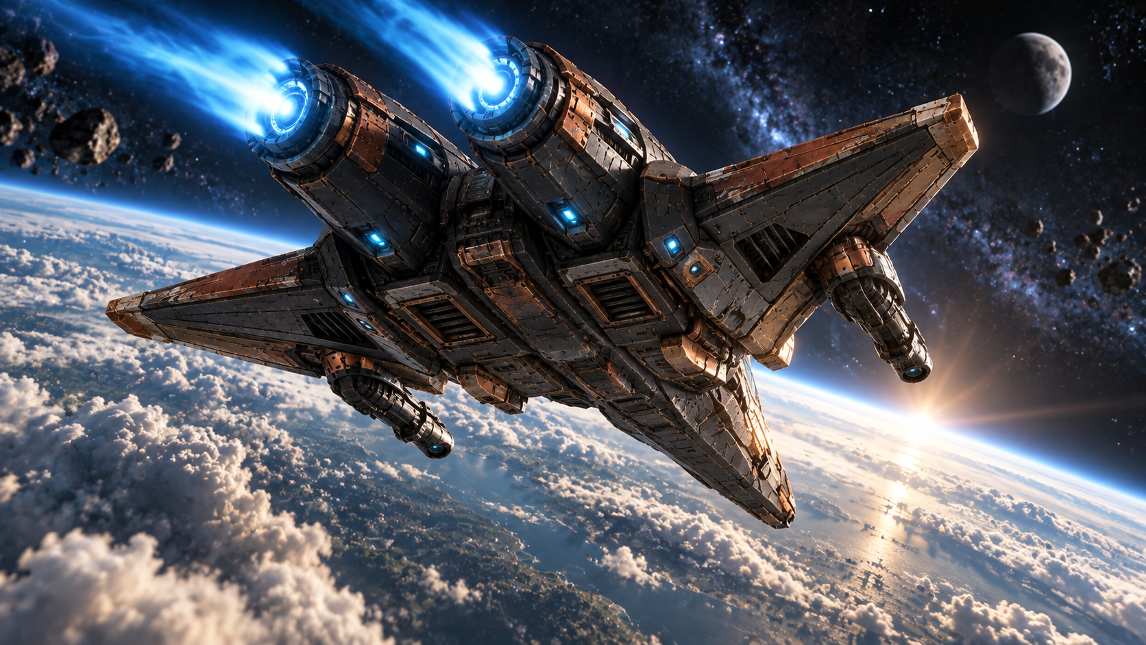 The S.S. Freedom banking above Earth 3 from a low rear angle