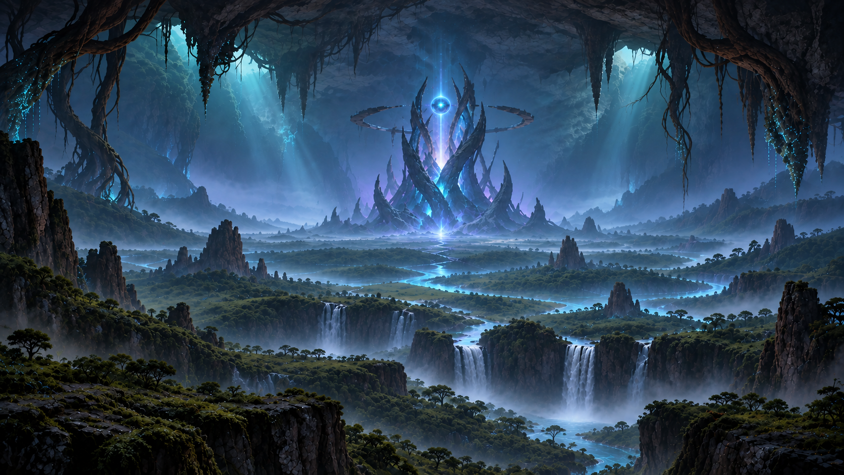 The immense living interior of Veridian with distant stellar fire spreading through its roots