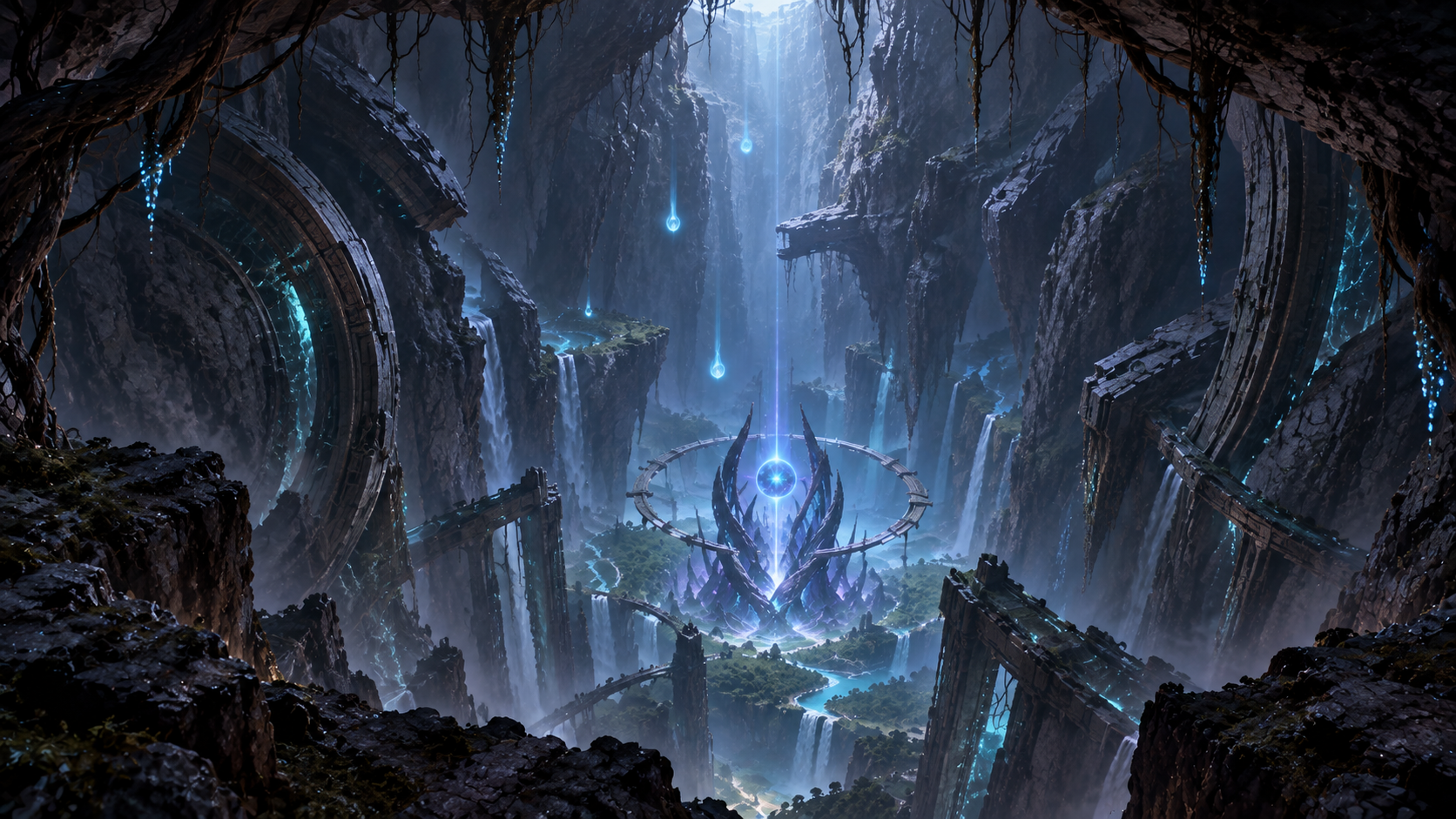 The S.S. Freedom descending from collapsed Orpheon machinery into Veridian's luminous crust