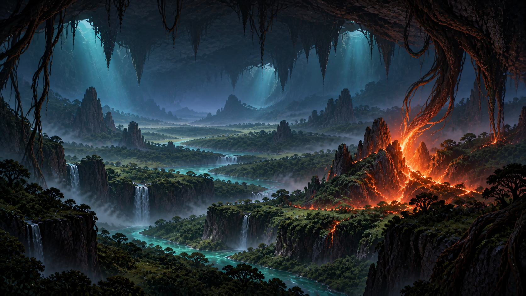 The Burning Vale where white-gold stellar fire consumes Veridian's underground ecosystem