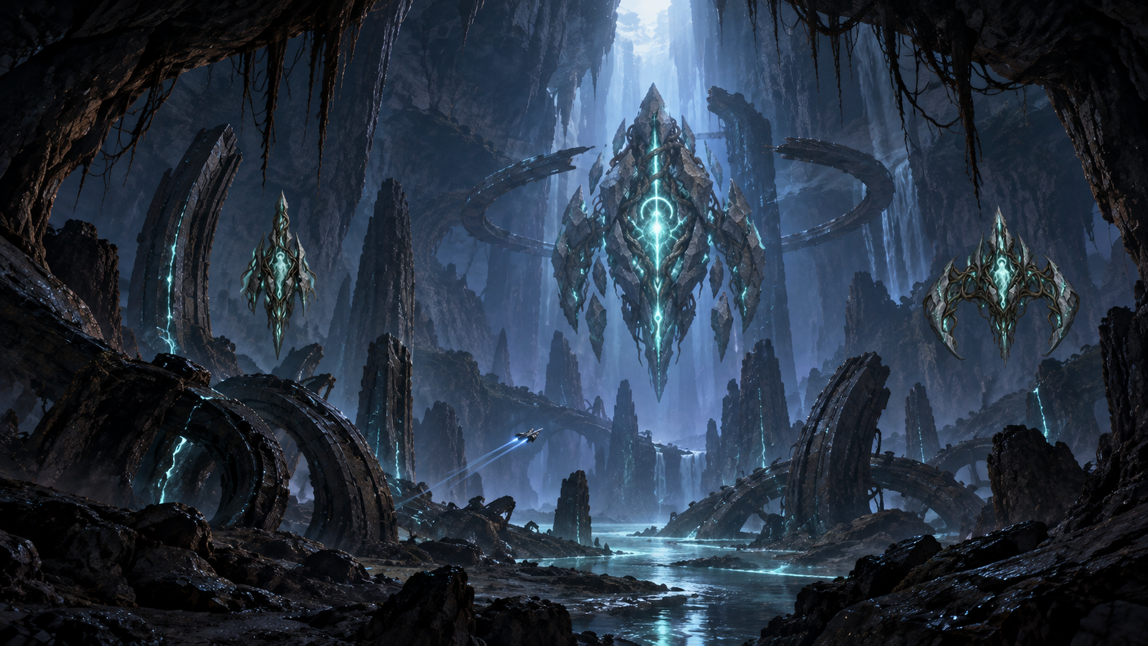 Stone and root-bound vessels glowing teal in the Broken Descent