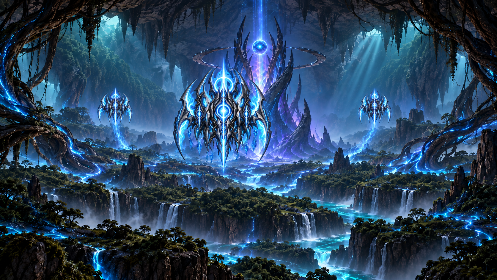 Two blue guardian vessels and their electric-blue apex form at the Veilheart