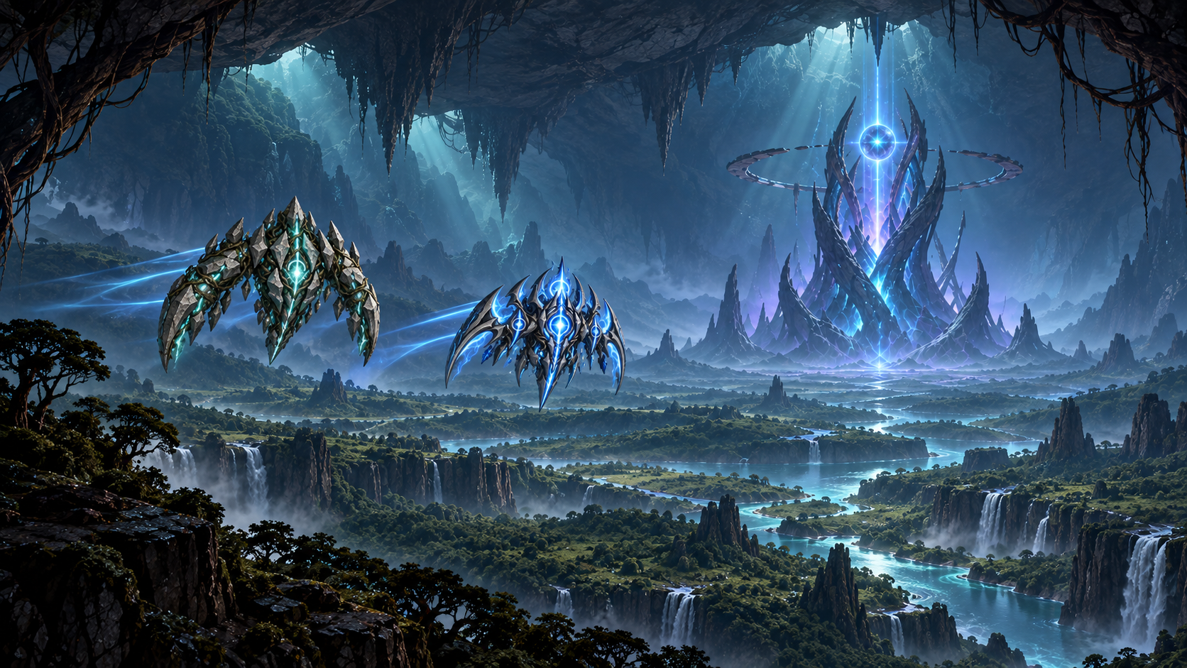Four colossal guardian vessels descending through the changing regions of the Veil