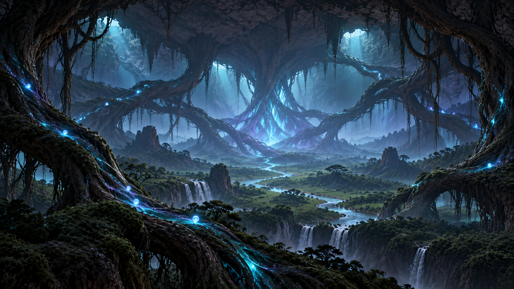 The S.S. Freedom flying among the Rootveil's colossal blue-green living roots