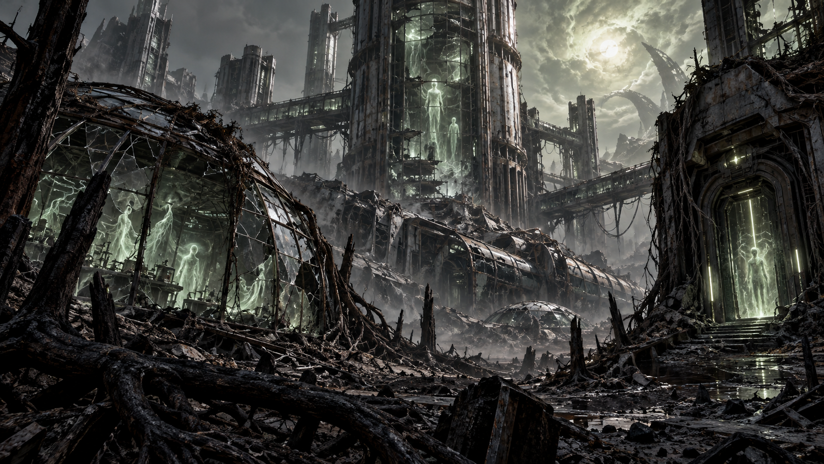 The ruined Orpheon Research Compound filled with spectral memory-forms